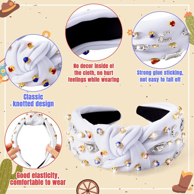 PANTIDE Western Jeweled Knotted Headband - Cowgirl Boots Guitar Cactus Rhinestone Crystal Embellished Headband Wide Top Knot Fashion Hairband Hair Accessories Birthday Gift for Women Girls (White) - Image 3